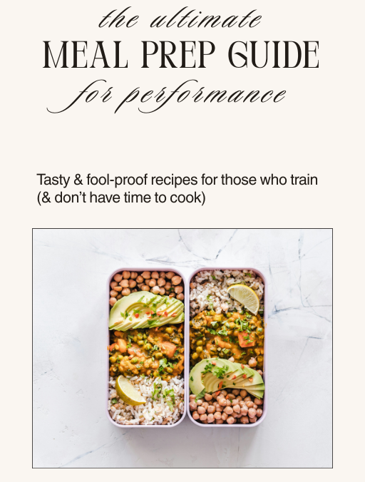 Meal prep guide for performance with two containers of food on a white background